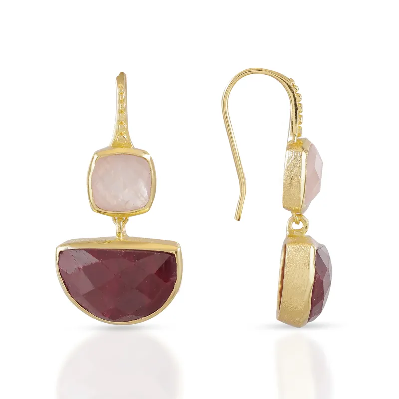 Charis Halfmoon Double Gemstone Earrings Rose Quart & Ruby sold by Azuni London