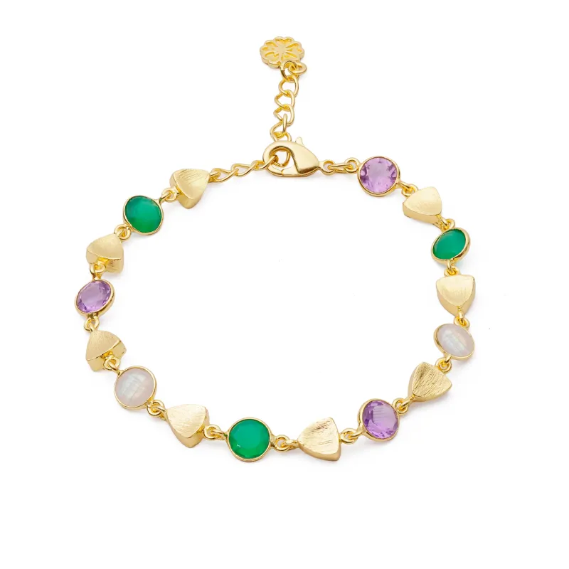 Gold Sara Mixed Gemstone Bracelet Green Onyx, Amethyst & Moonstone sold by Azuni London