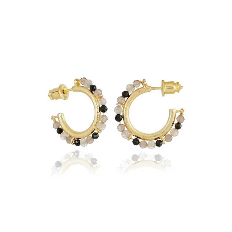 Ophelia Small Gemstone Hoops Smoky Quartz, Labradorite & Black Onyx sold by Azuni London