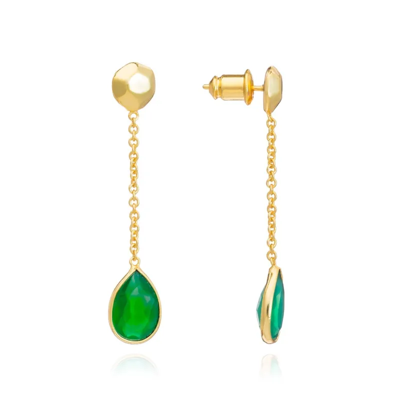 Gold Nugget Studs with Gemstone Drops Green Onyx sold by Azuni London