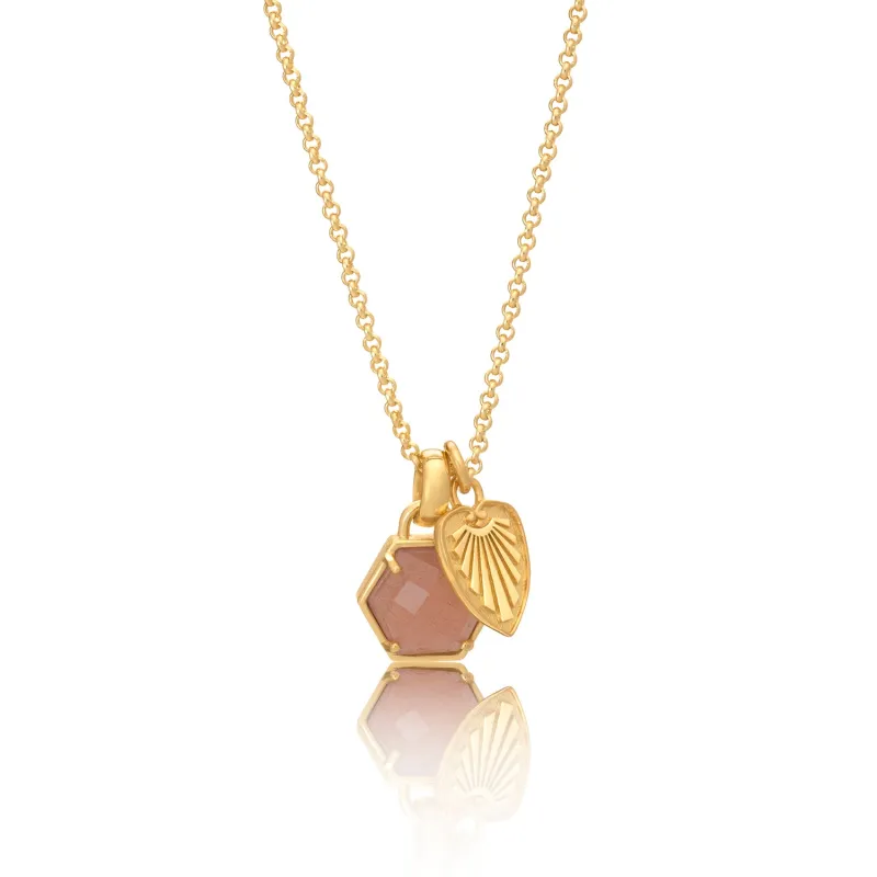 Thea Hexagon Gemstone and Palm Leaf Charm Necklace Peach Moonstone sold by Azuni London