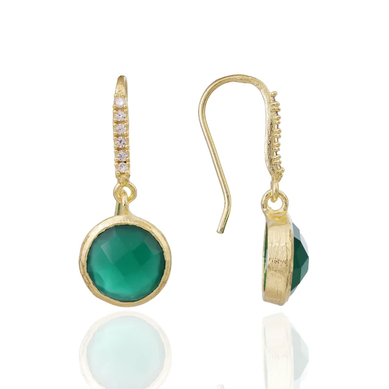 [PRE-ORDER] Charis Round Gemstone Earrings Green Onyx, Front CZ Hooks sold by Azuni London
