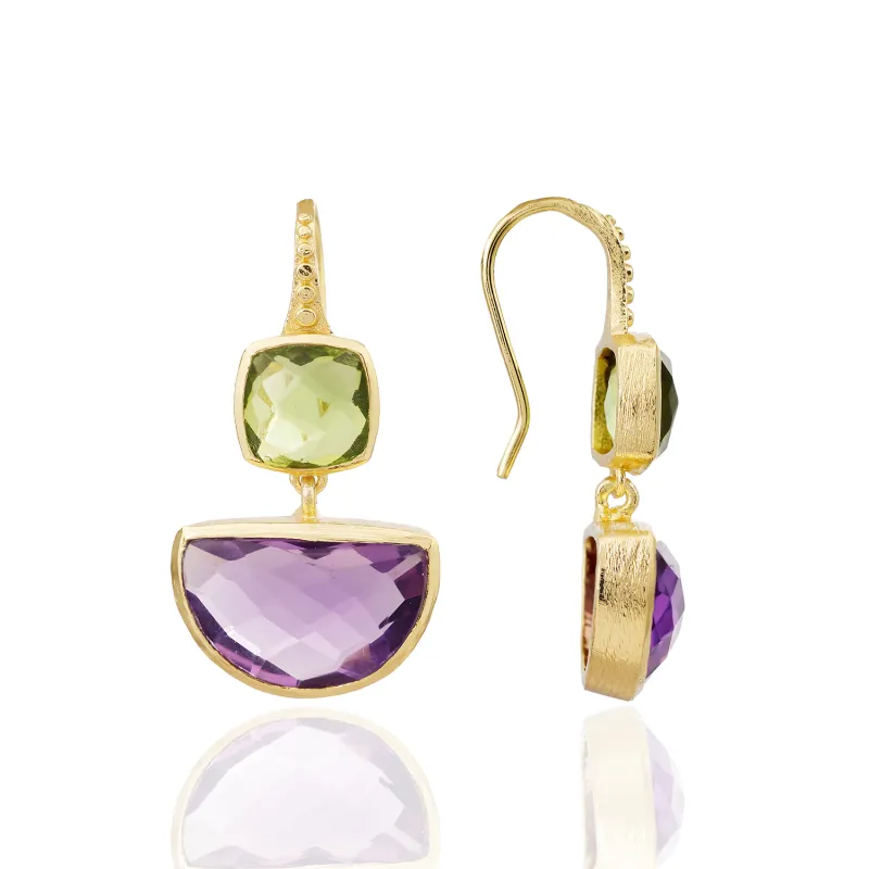 [PRE-ORDER] Charis Halfmoon Double Gemstone Earrings Peridot & Amethyst sold by Azuni London