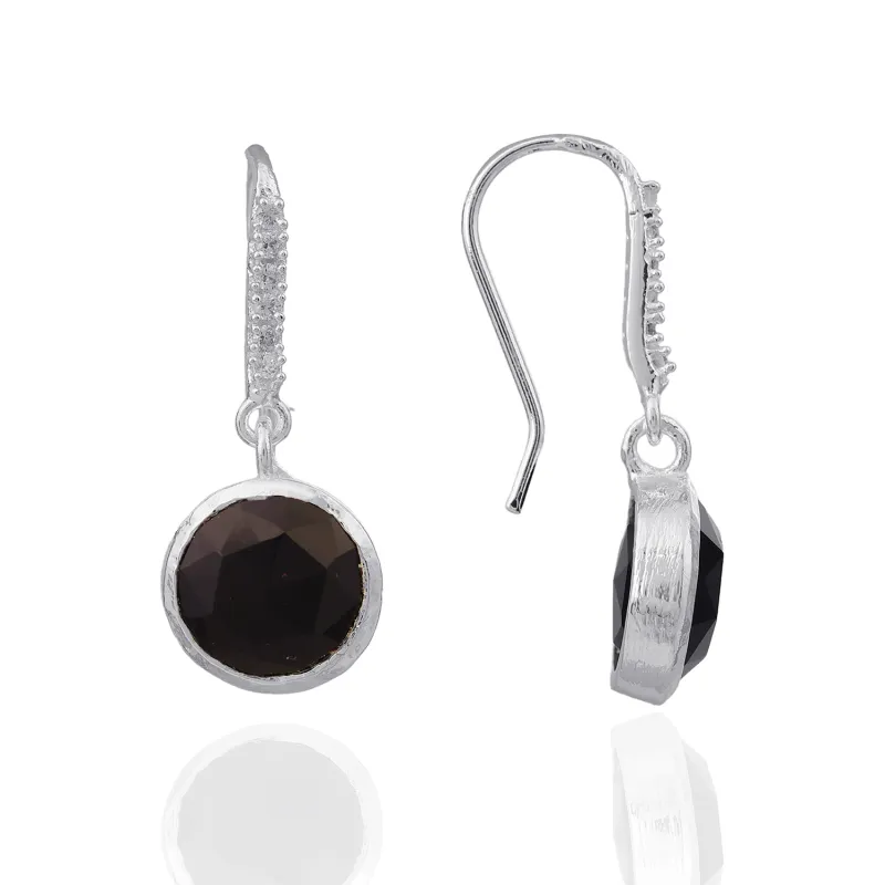 Charis Round Gemstone Earrings Silver Black Onyx, Front CZ Hooks made by Azuni London
