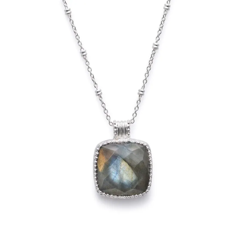 Tetra Large Square Gemstone Pendant: Silver Labradorite sold by Azuni London