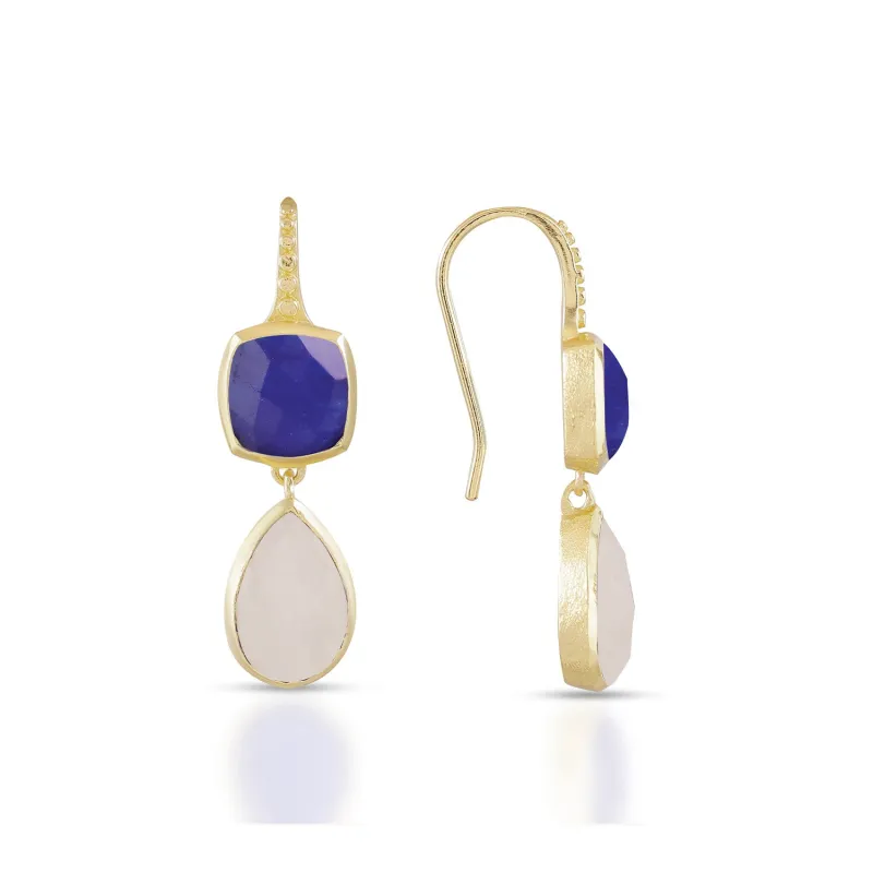 Charis Double Gemstone Earrings Blue Jade & Moonstone sold by Azuni London