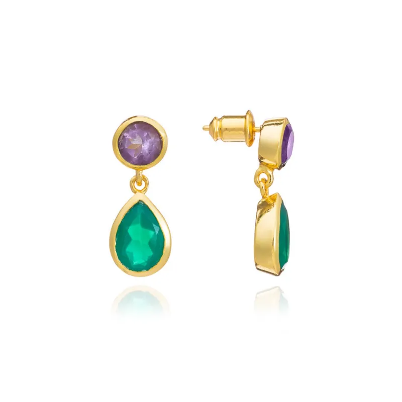 Iris Double Gemstone Drop Earrings with Amethyst & Green Onyx sold by Azuni London