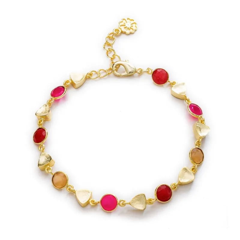 Gold Sara Mixed Gemstone Bracelet: Fuchsia Onyx, Quartzite & Peach Moonstone made by Azuni London