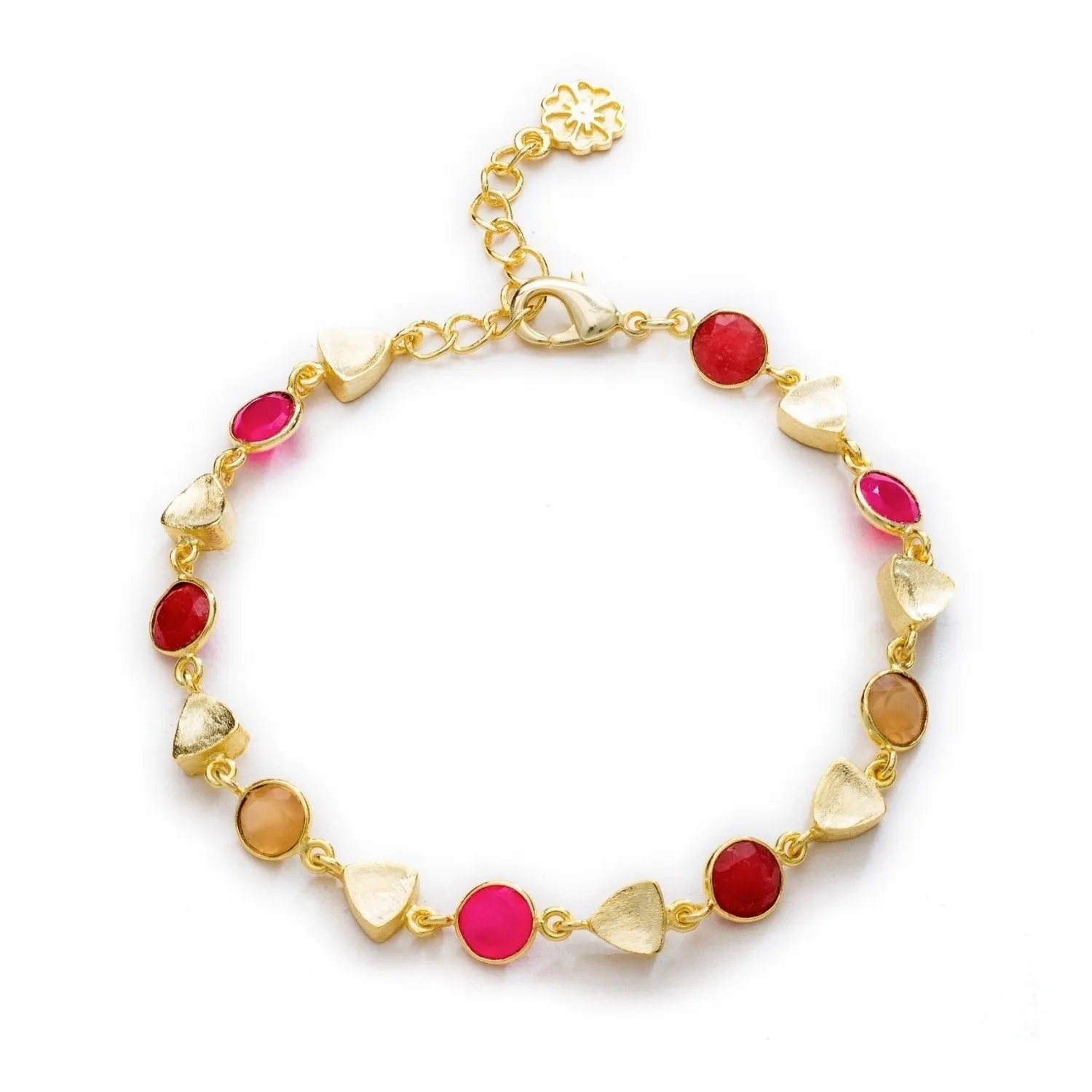 Gold Sara Mixed Gemstone Bracelet: Fuchsia Onyx, Quartzite & Peach Moonstone sold by Azuni London