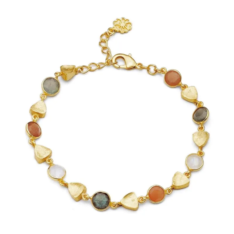 Gold Sara Mixed Gemstone Bracelet: Peach Moonstone, Labradorite & Moonstone made by Azuni London