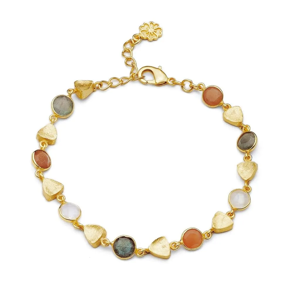 Gold Sara Mixed Gemstone Bracelet: Peach Moonstone, Labradorite & Moonstone sold by Azuni London