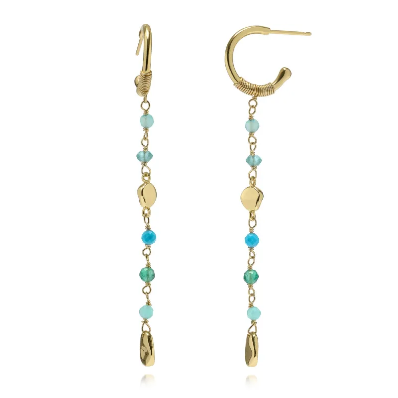 Sofia Small Hoop Earrings with Bead and Gold Nugget Chain Drop: Amazonite, Apatite, Turquoise & Green White Jade made by Azuni London