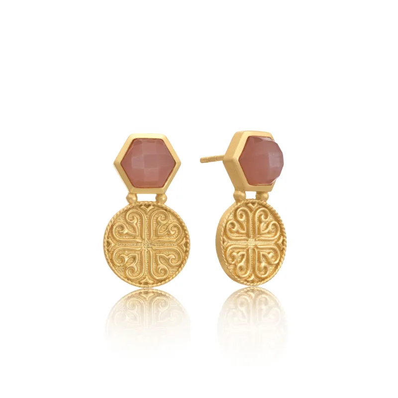 Thea Hexagon Ornate Coins Stud Earrings Peach Moonstone made by Azuni London