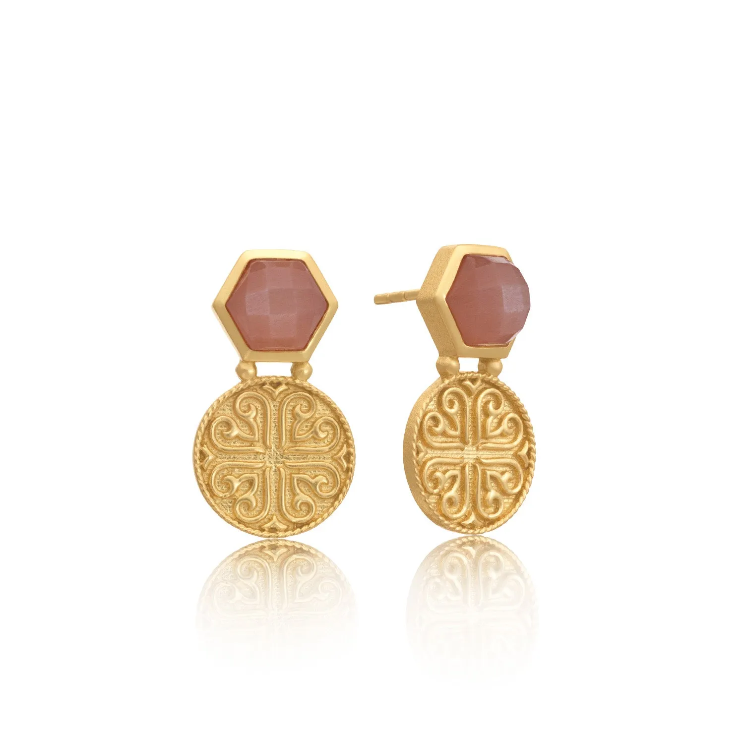 Thea Hexagon Ornate Coins Stud Earrings Peach Moonstone sold by Azuni London