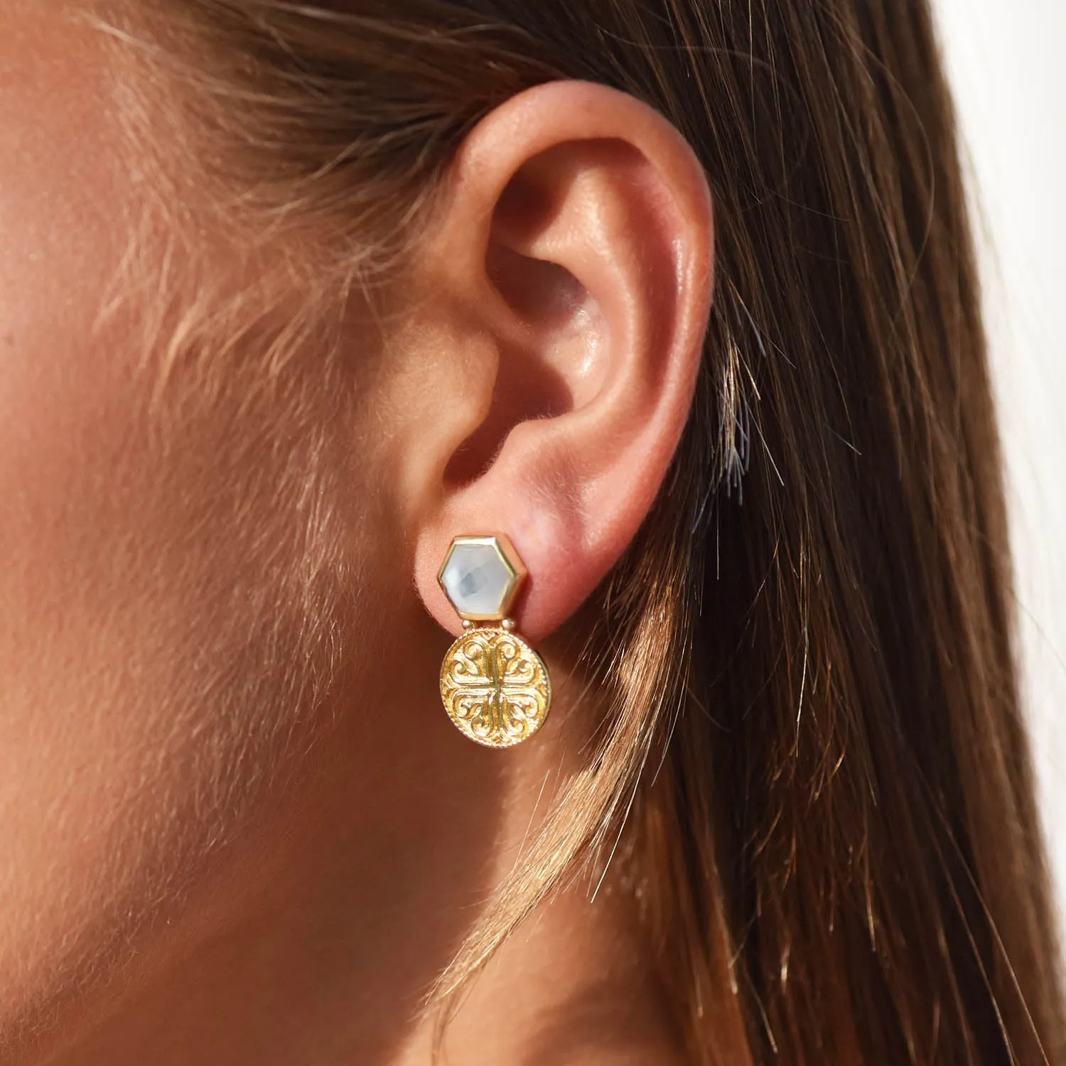 Thea Hexagon Ornate Coins Stud Earrings Peach Moonstone sold by Azuni London product image thumbnail 2