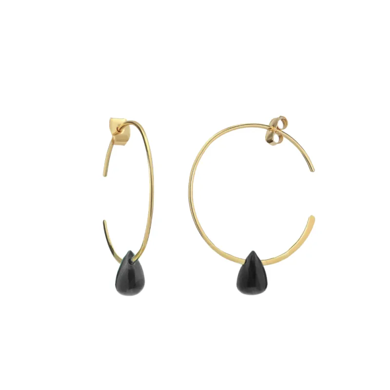 Hera Wire Hoop Earrings with Teardrop Stone: Gold Black Onyx made by Azuni London
