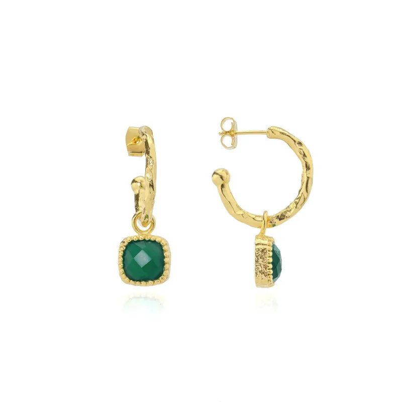 Tetra Square Gemtone Charm Hoops: Green Onyx made by Azuni London