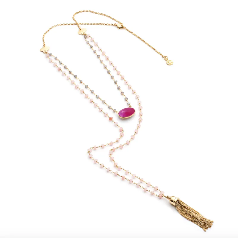 Athena Gemstone Layered Tassel Necklace : Fuchsia Onyx, Labradorite & Pink Chalcedony made by Azuni London