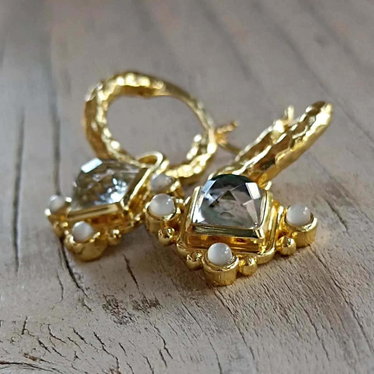 Helena Gold Hoop Huggies & Stone Charm Earrings sold by Azuni London product image thumbnail 4