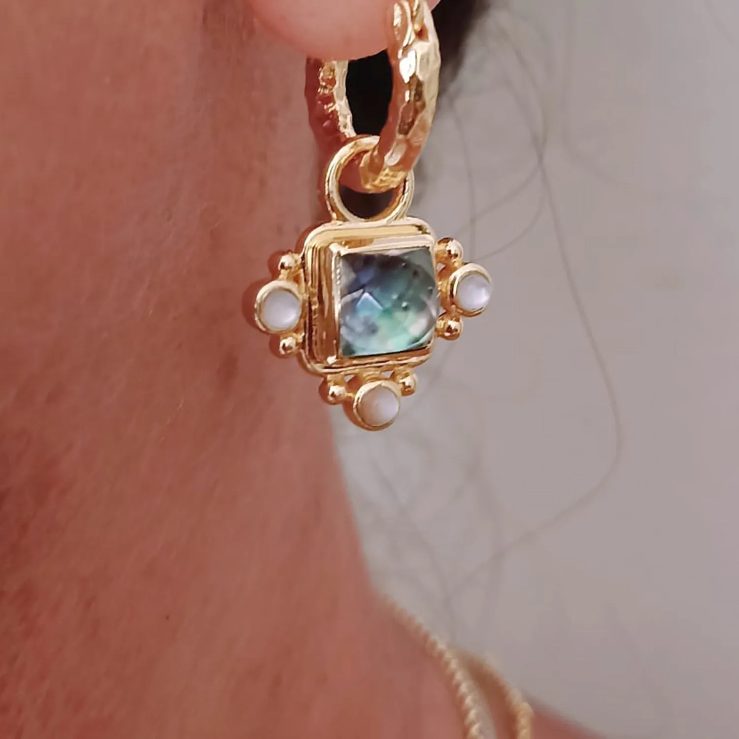 Helena Gold Hoop Huggies & Stone Charm Earrings sold by Azuni London product image thumbnail 3