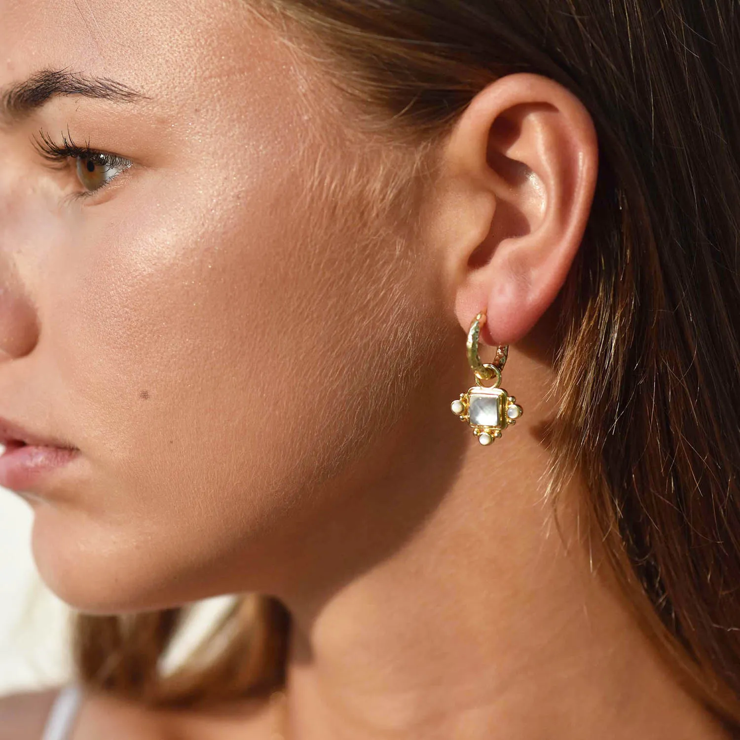 Helena Gold Hoop Huggies & Stone Charm Earrings sold by Azuni London