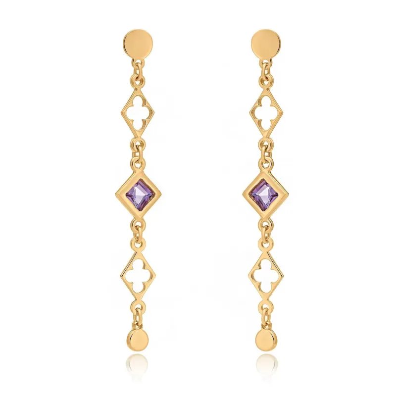 Diamond and Clover Motif Drop Earrings with Amethyst sold by Azuni London