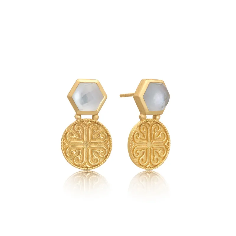 Thea Hexagon Gemstone Stud Earrings with Ornate Coins sold by Azuni London