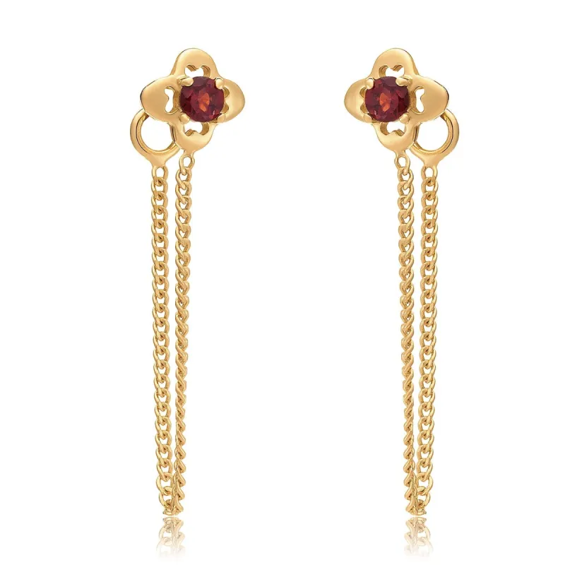 Clover Leaf Garnet Stud & Chain Earrings sold by Azuni London