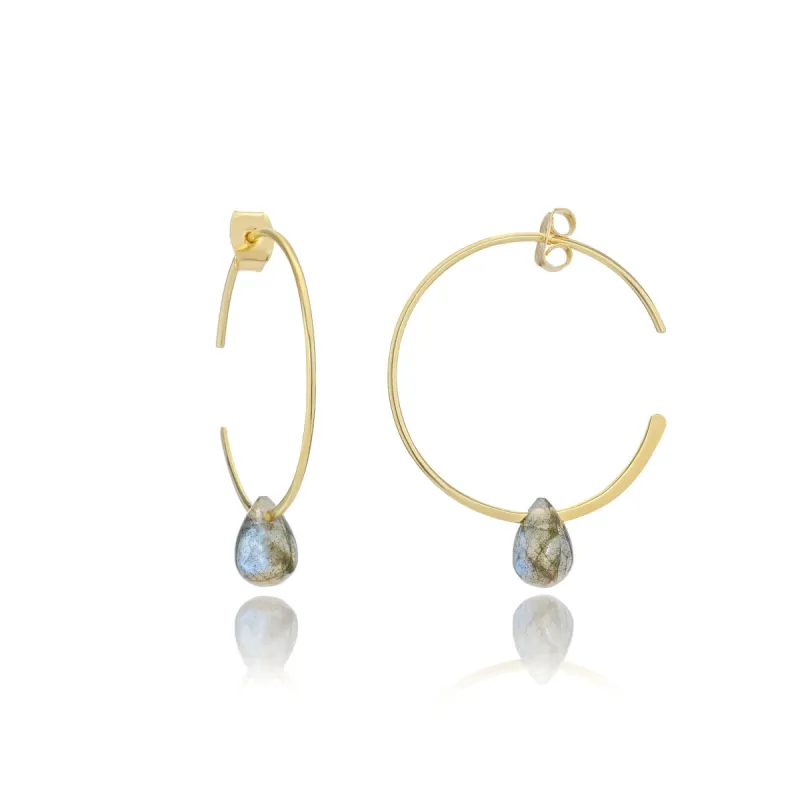 Hera Wire Hoop Earrings with Teardrop Stone: Gold sold by Azuni London