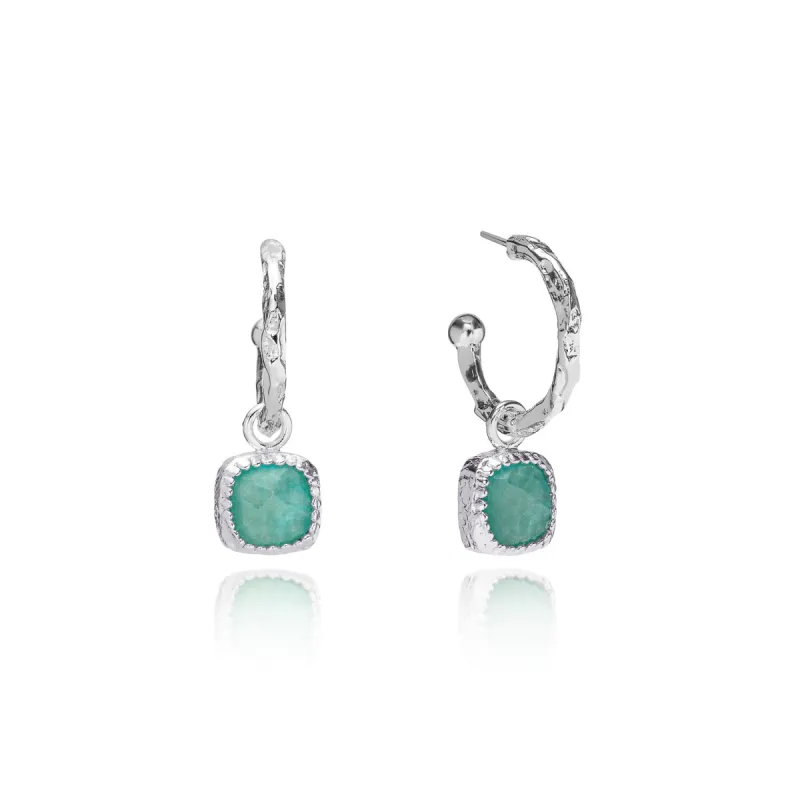 Tetra Square Gemtone Charm Hoops: Silver Amazonite sold by Azuni London