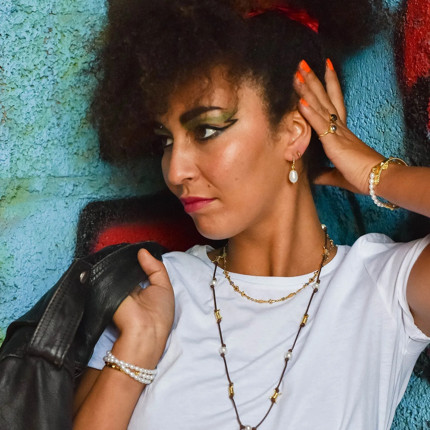 Diani Studded Huggie Drop Pearl Earrings sold by Azuni London product image thumbnail 2