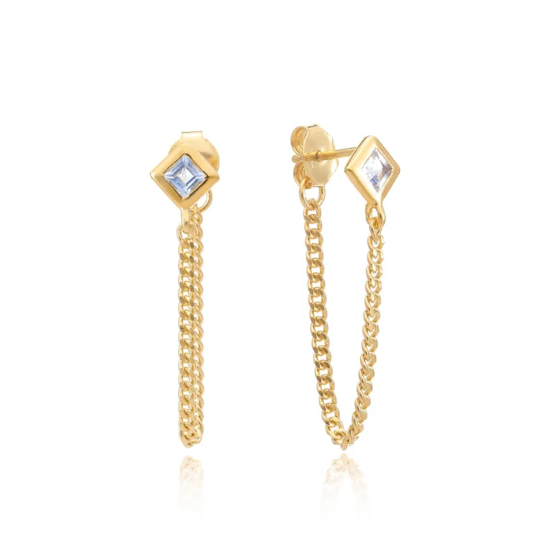 Gold Vermeil Square Cut Blue Topaz Chain Stud sold by Azuni London