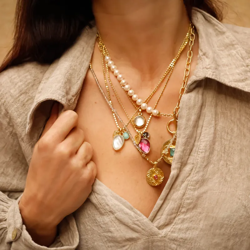 Odyssey Two Stone Pendant Necklace with Palm Leaf Charm sold by Azuni London