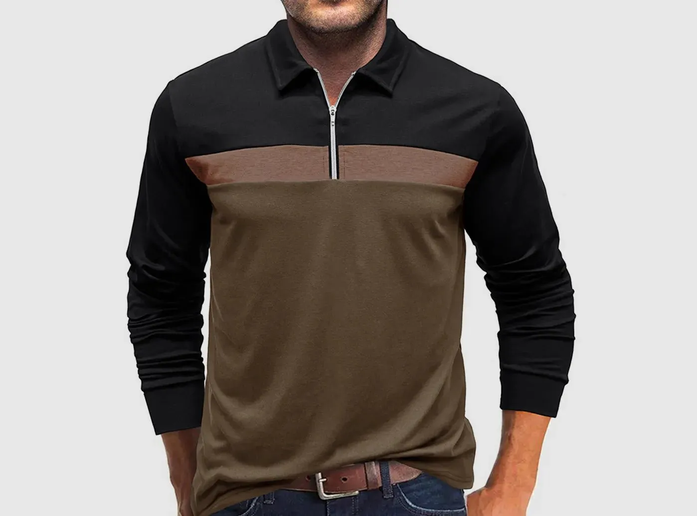 FitVille Men's Fashion Colorblock Long-Sleeve Zip Henley Polo Shirt sold by FitVille product image thumbnail 2