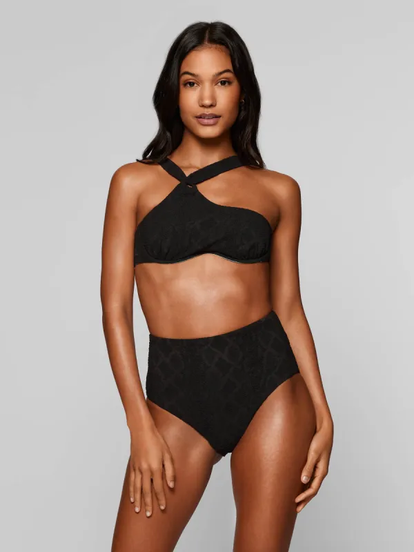 The Navagio Bikini Bottom - Black Textured Rivulet Jacquard sold by Baiah