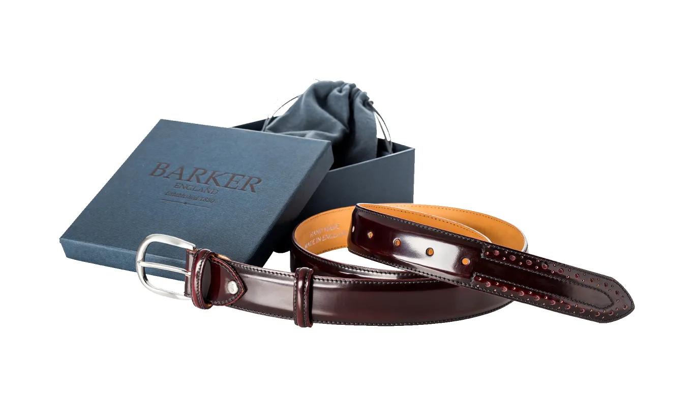 Brogue Belt - Burgundy Hi Shine sold by Barker Shoes