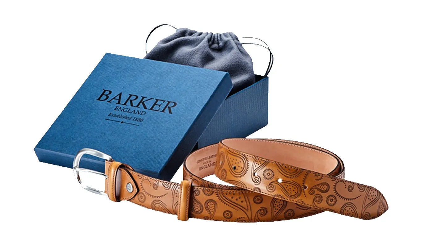 Plain Belt - Cedar Calf / Paisley Laser sold by Barker Shoes