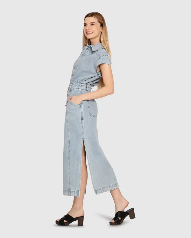 Sundown Denim Midi Shirt Dress - Stonewash sold by Belle & Bloom