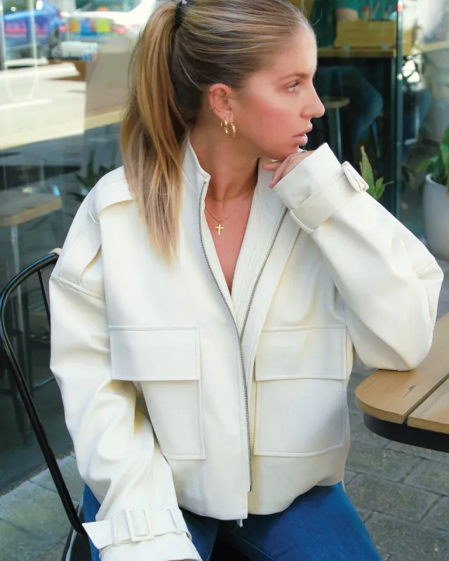 Reload Draped Leather Look Jacket - Cream sold by Belle & Bloom