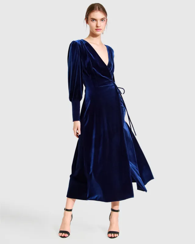 Current Mood Velvet Wrap Dress - Royal Blue sold by Belle & Bloom