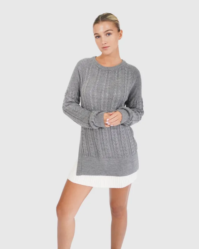 At Last Cable Knit Jumper with Slit - Grey Marle sold by Belle & Bloom
