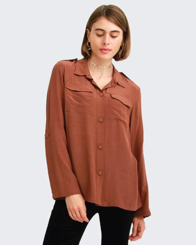 Eclipse Rolled Sleeve Blouse - Brown FINAL SALE sold by Belle & Bloom