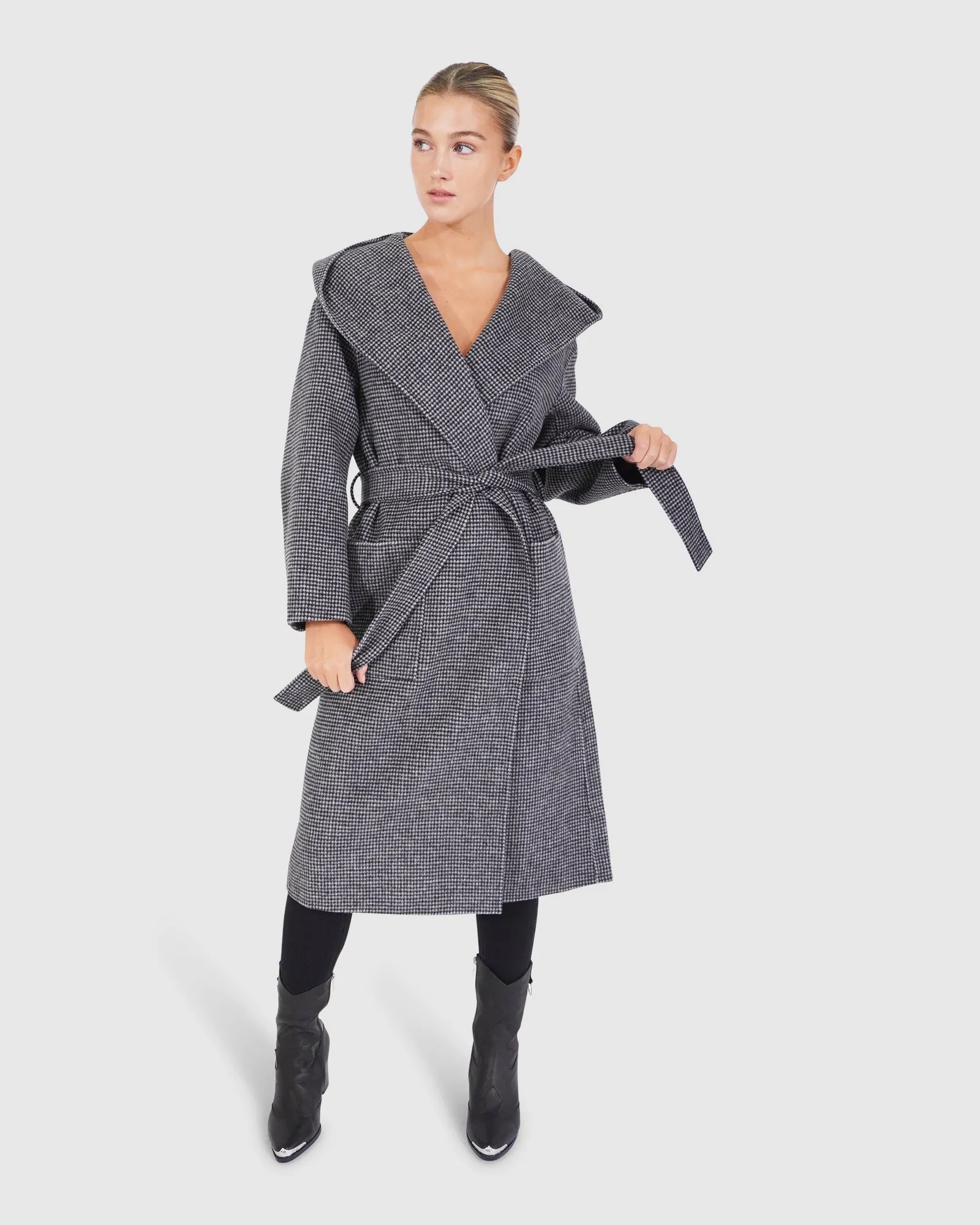 Arcadia Wool Blend Oversided Coat with Hood - Black/White sold by Belle & Bloom product image thumbnail 5