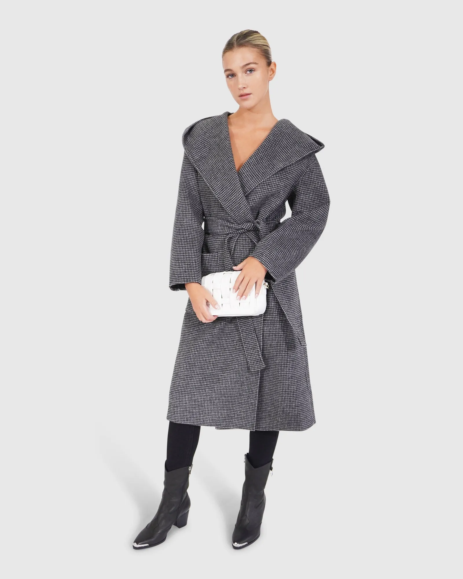 Arcadia Wool Blend Oversided Coat with Hood - Black/White sold by Belle & Bloom product image thumbnail 2