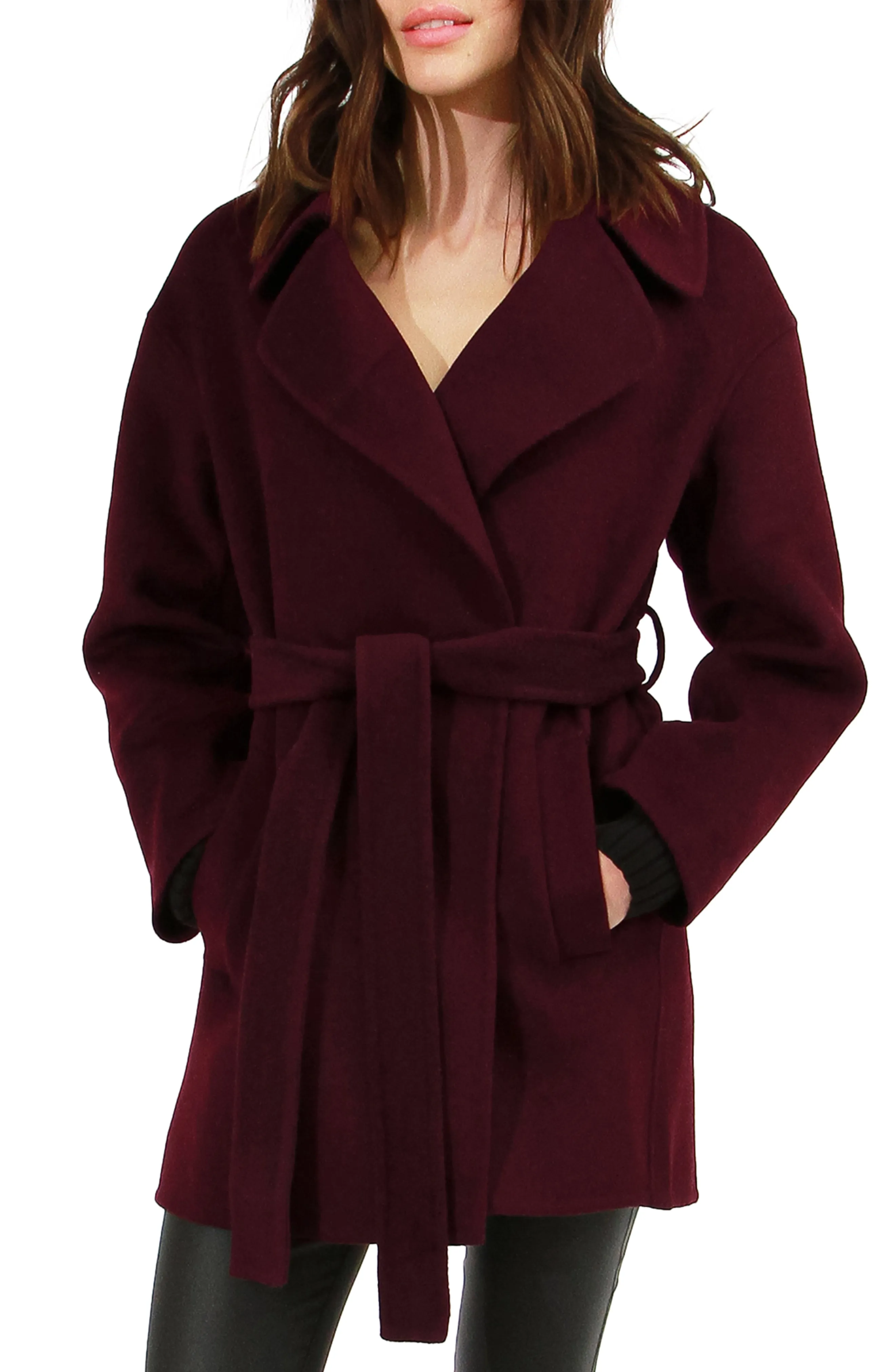 Eternal Flame Wool Blend Short Robe Coat - Burgundy sold by Belle & Bloom product image thumbnail 5