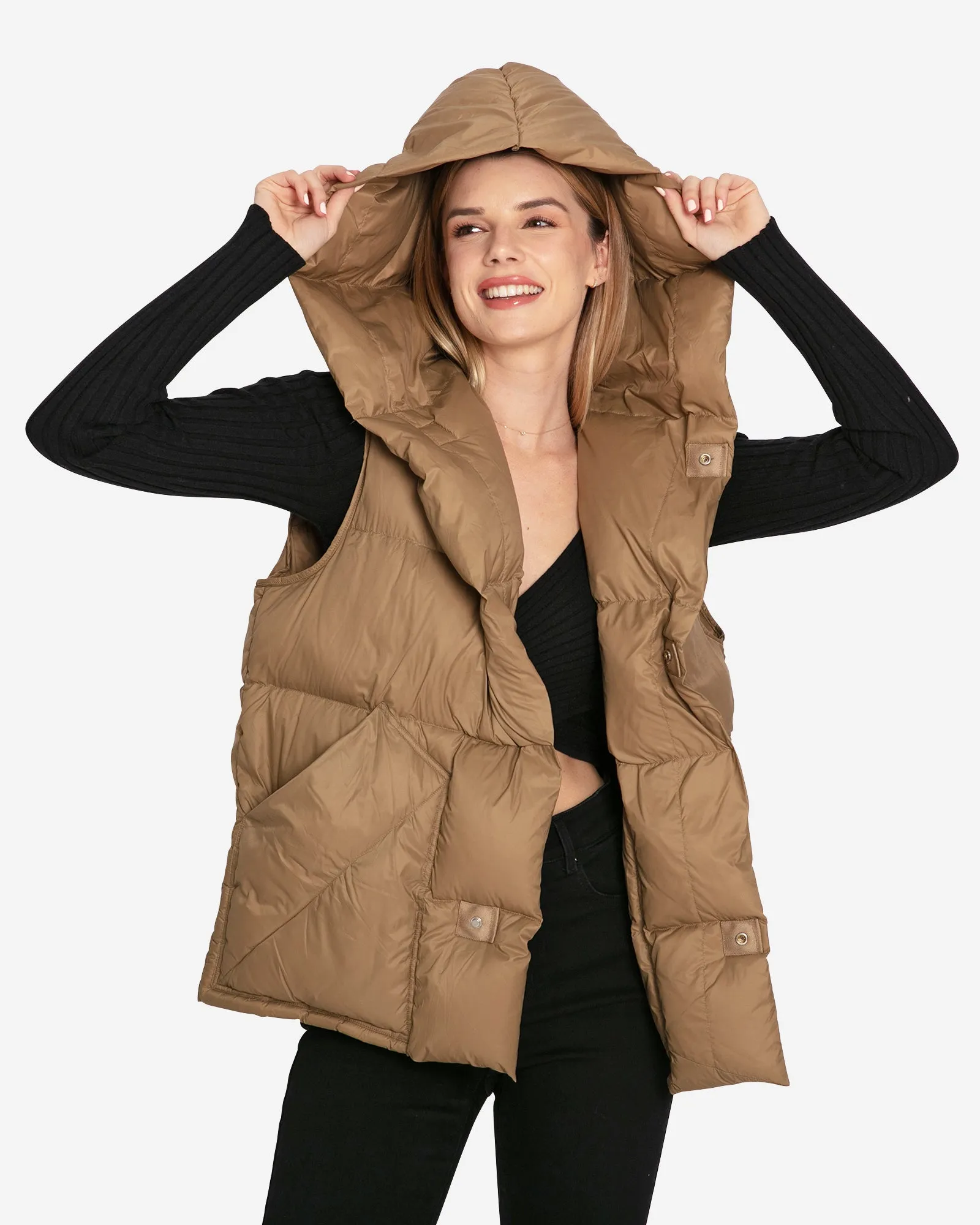 Over My Head Hooded Puffer Vest - Khaki sold by Belle & Bloom product image thumbnail 4