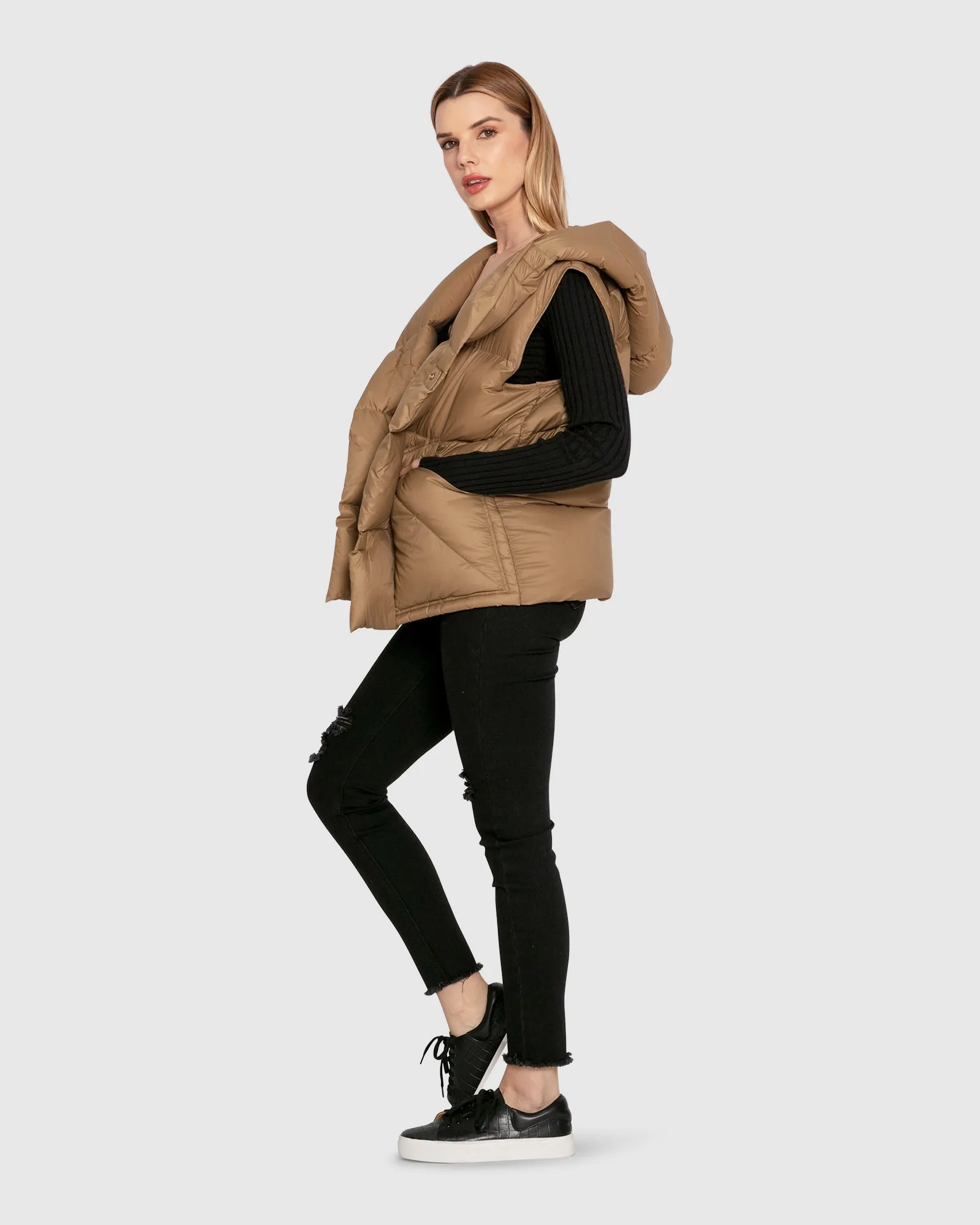 Over My Head Hooded Puffer Vest - Khaki sold by Belle & Bloom product image thumbnail 2