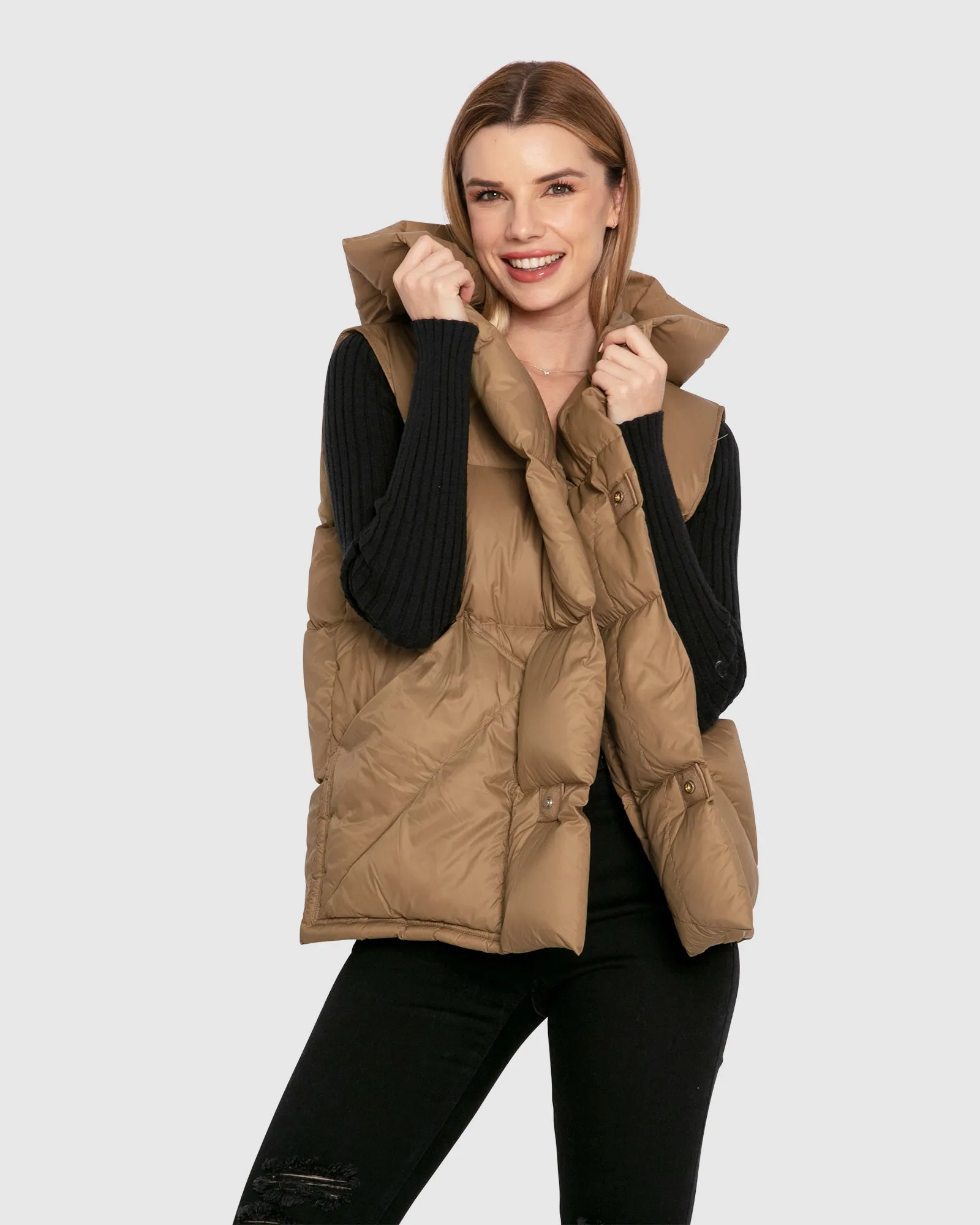 Over My Head Hooded Puffer Vest - Khaki sold by Belle & Bloom