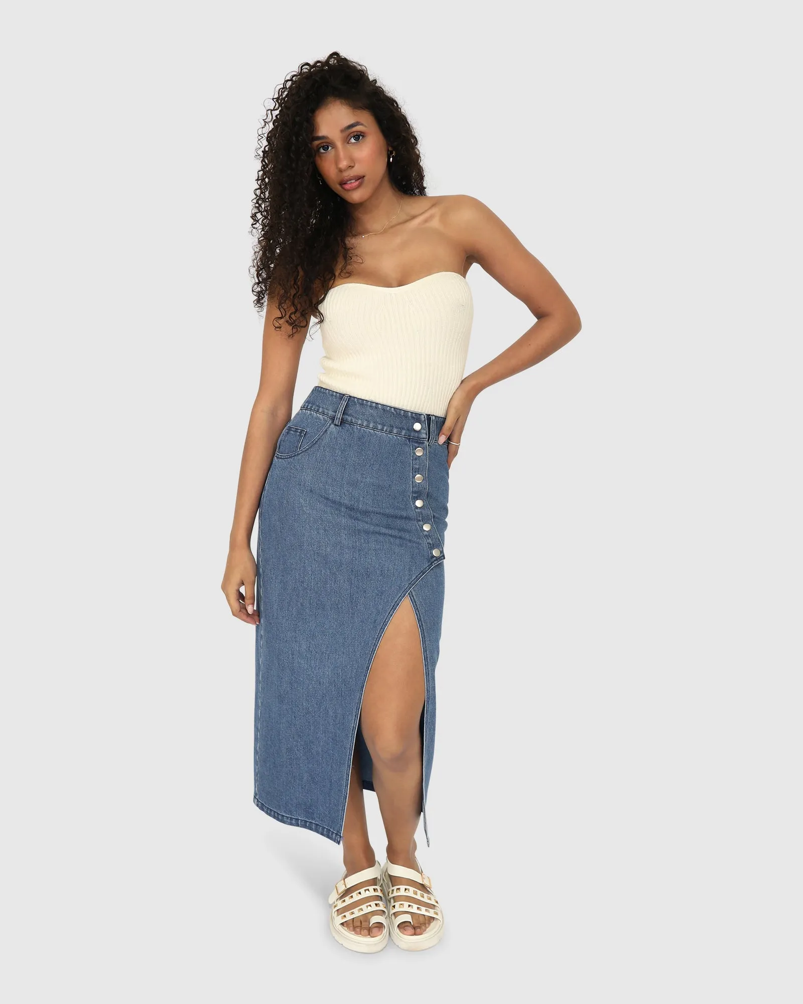 Can't Forget You Denim Midi Skirt - Mid Wash sold by Belle & Bloom