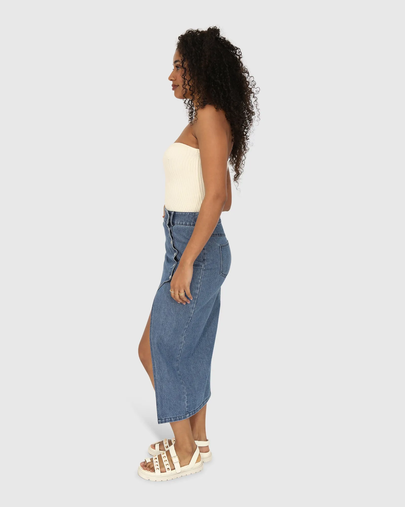 Can't Forget You Denim Midi Skirt - Mid Wash sold by Belle & Bloom product image thumbnail 2